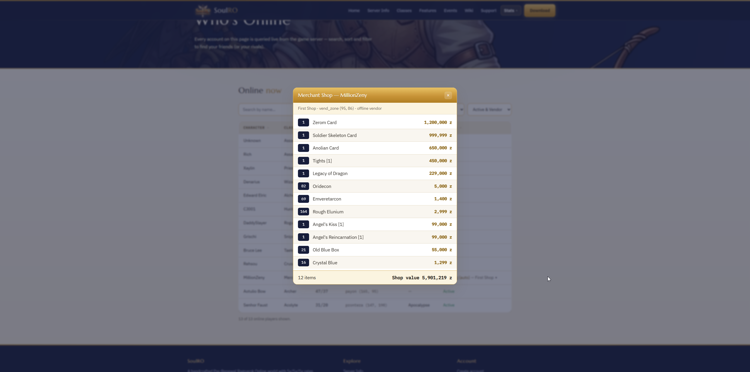 A player shop opened from Who's Online